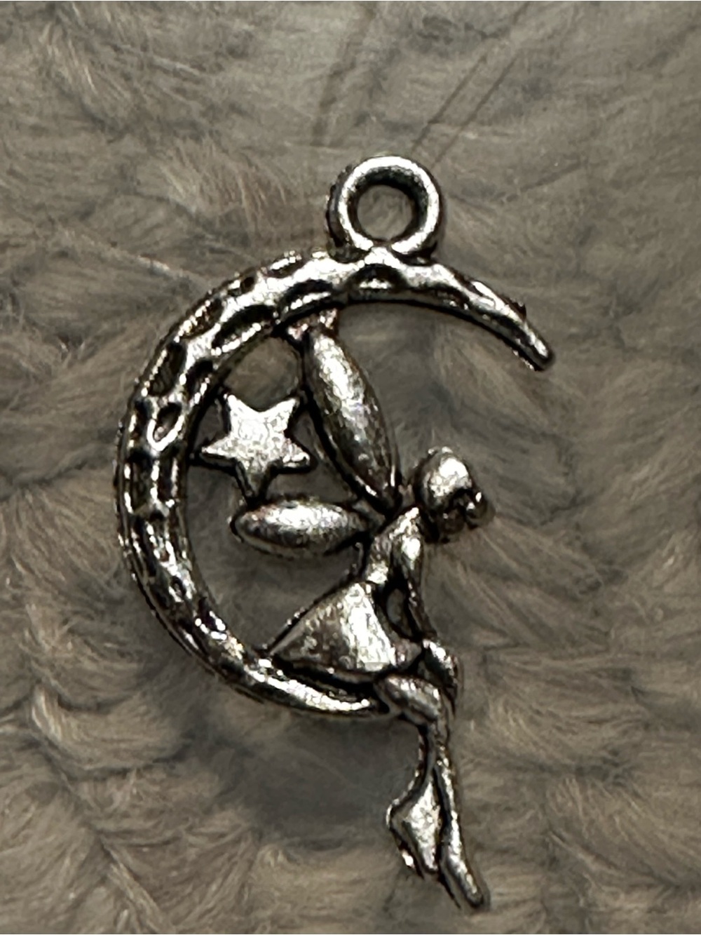 Small Silver Fairy on Crescent Moon Charm